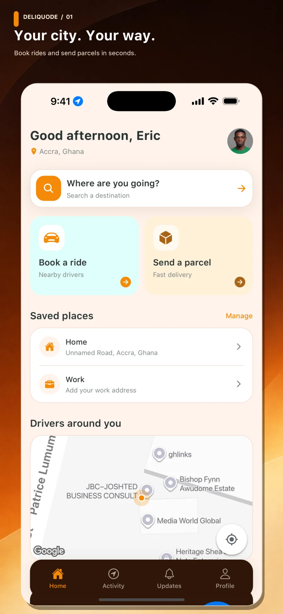 deliQuode customer app showing ride and parcel booking
