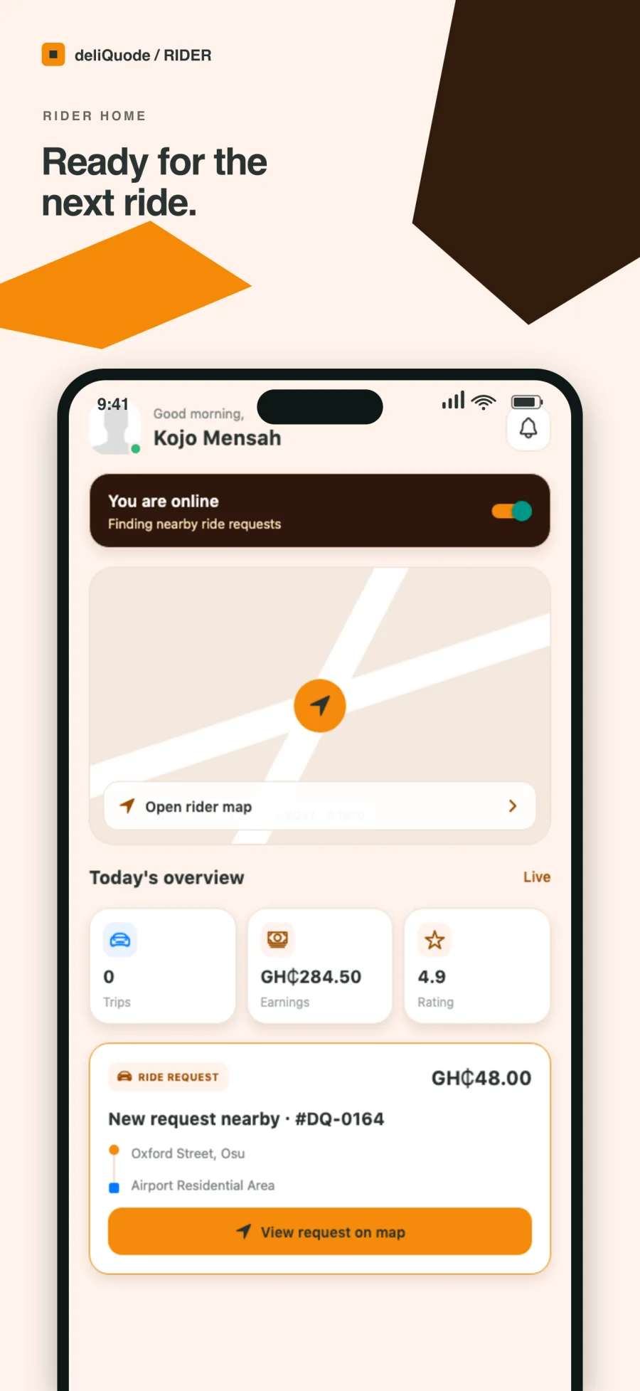 deliQuode Rider app showing the driver dashboard